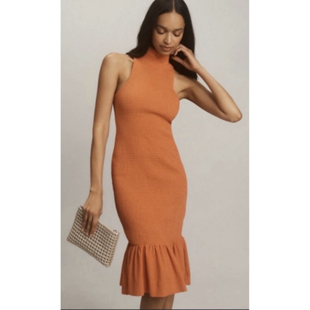 Anthropologie Sleeveless Mock-Neck Textured Midi Dress Orange Sz Large Vacation